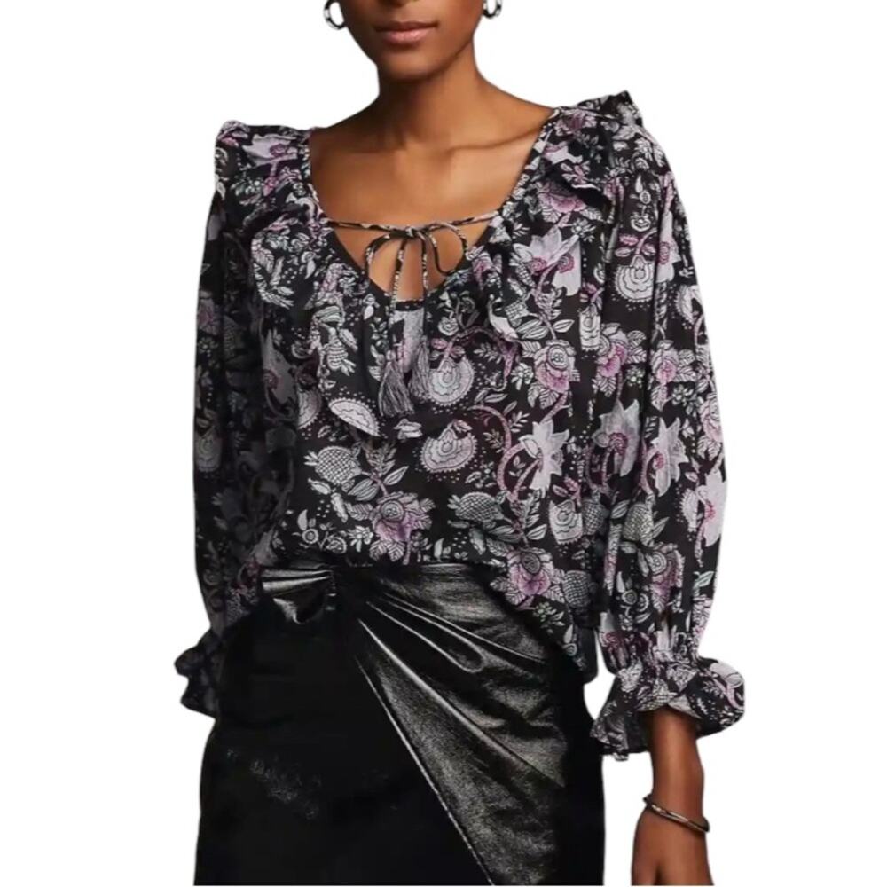 NWOT Mille Resort And Travel May Black Floral Cotton Blouse SMALL